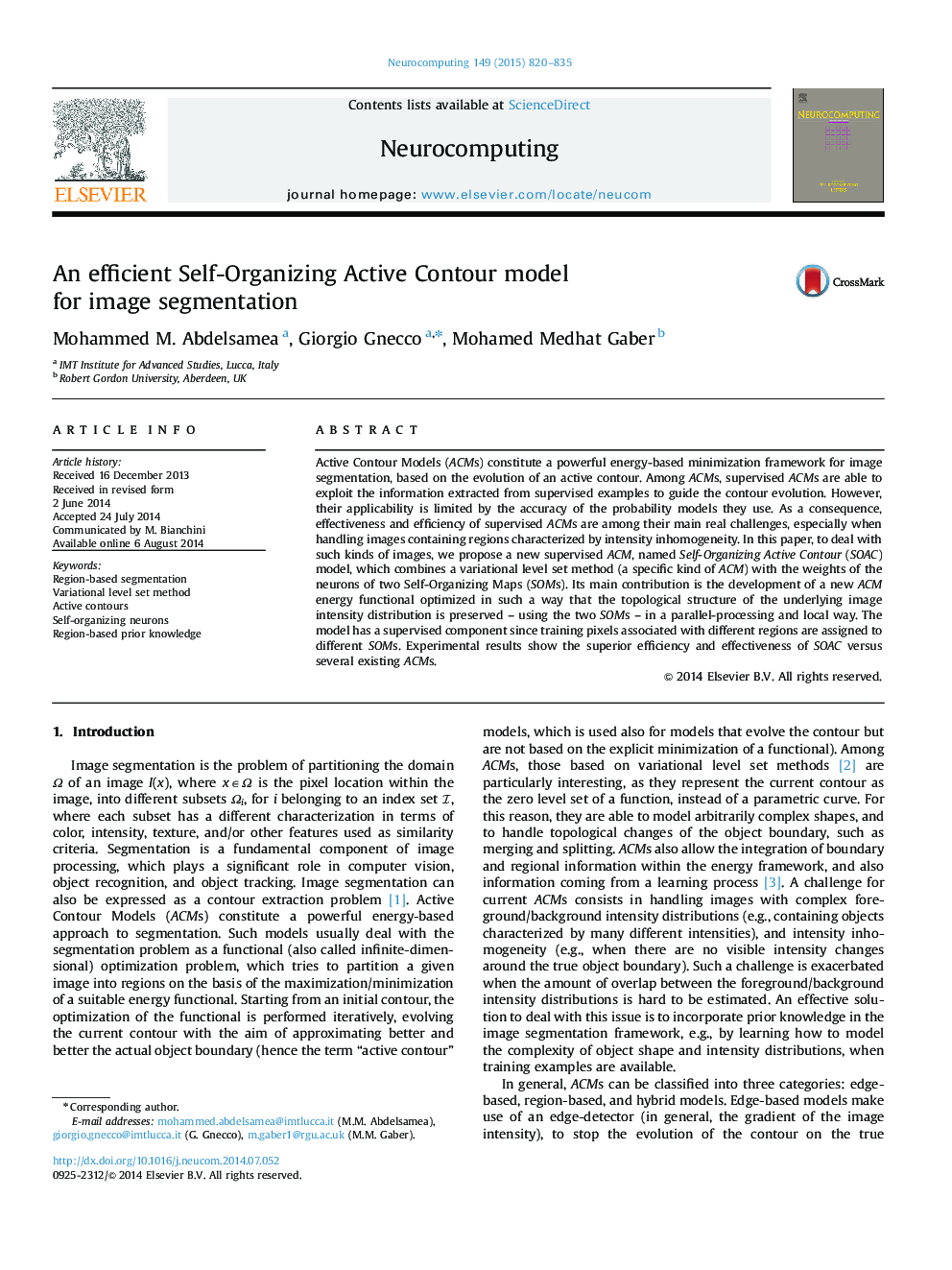 An efficient Self-Organizing Active Contour model for image segmentation