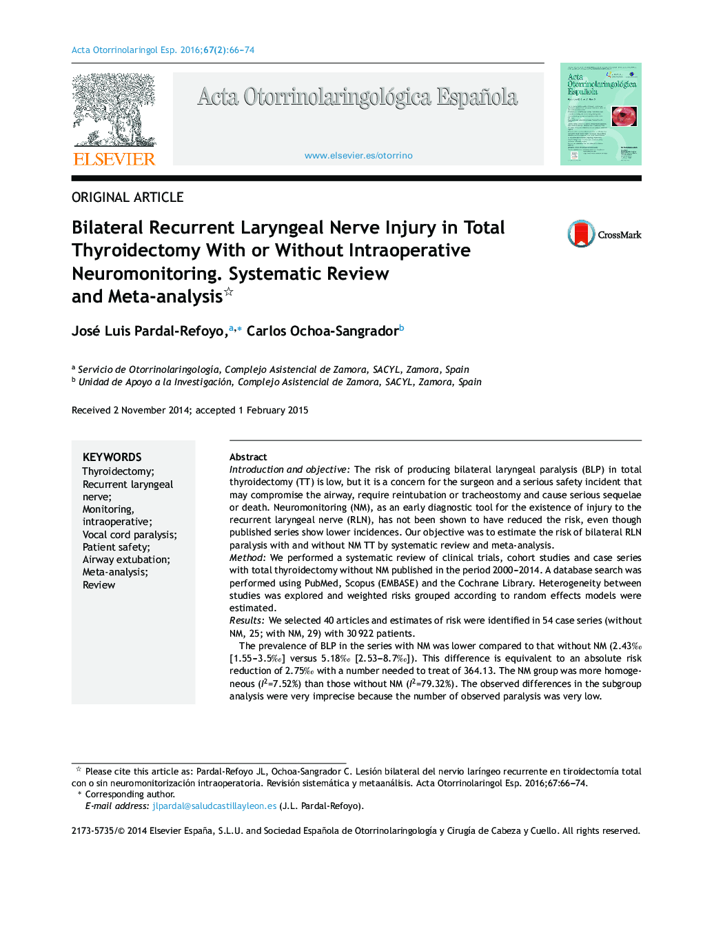 Bilateral Recurrent Laryngeal Nerve Injury in Total Thyroidectomy With or Without Intraoperative Neuromonitoring. Systematic Review and Meta-analysis 