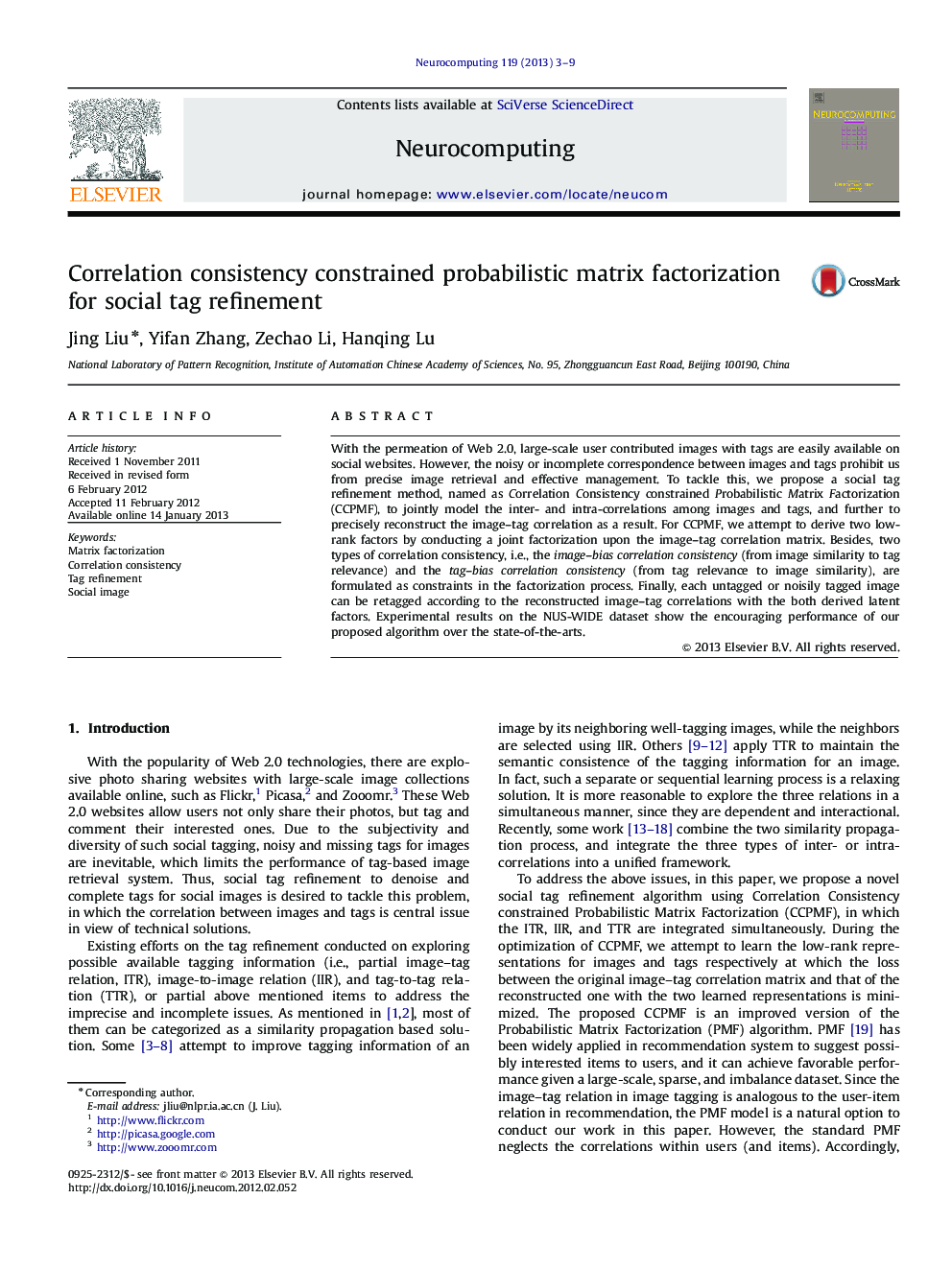 Correlation consistency constrained probabilistic matrix factorization for social tag refinement