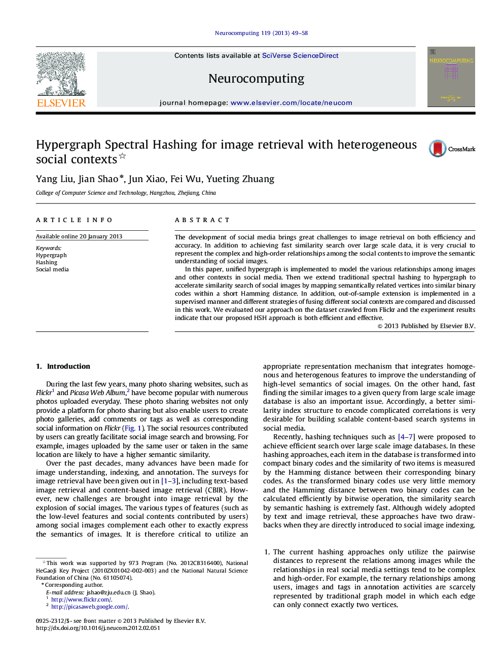 Hypergraph Spectral Hashing for image retrieval with heterogeneous social contexts 