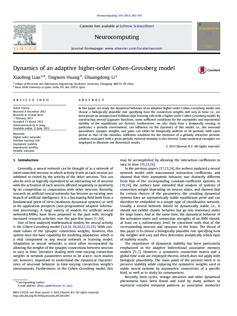 Dynamics of an adaptive higher-order Cohen–Grossberg model