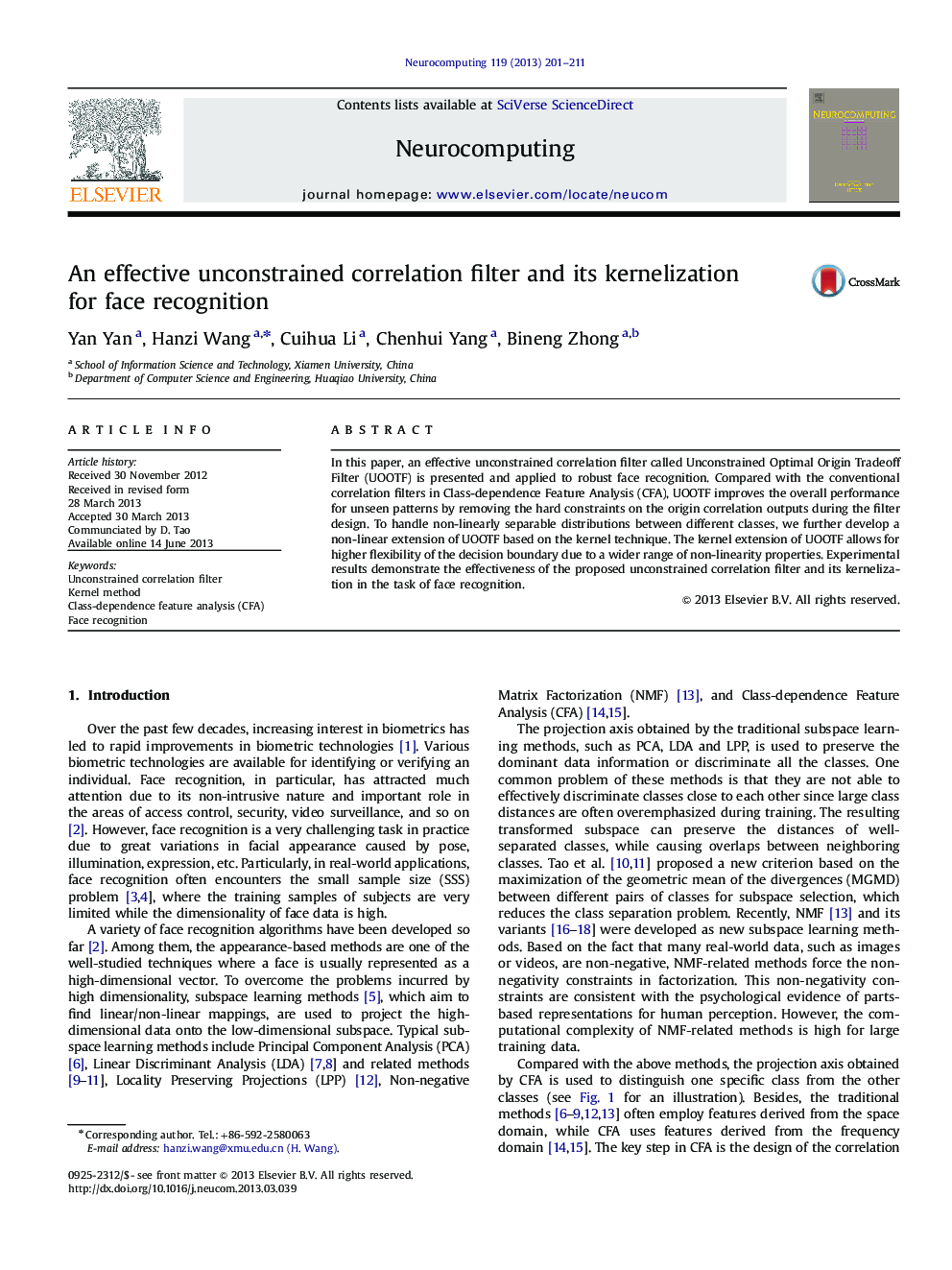 An effective unconstrained correlation filter and its kernelization for face recognition