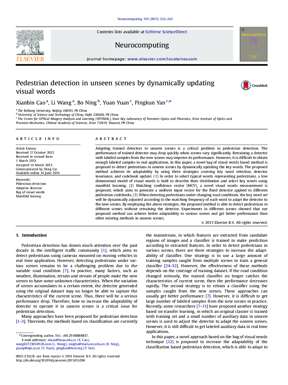 Pedestrian detection in unseen scenes by dynamically updating visual words