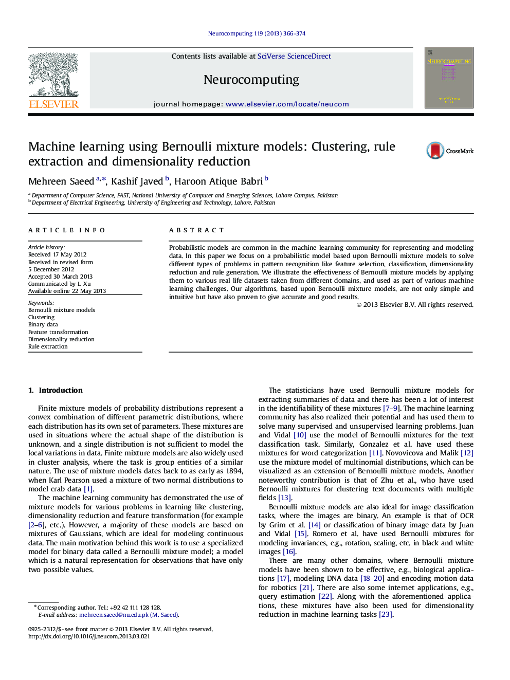 Machine learning using Bernoulli mixture models: Clustering, rule extraction and dimensionality reduction