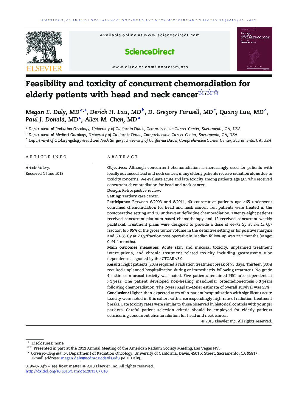 Feasibility and toxicity of concurrent chemoradiation for elderly patients with head and neck cancer 