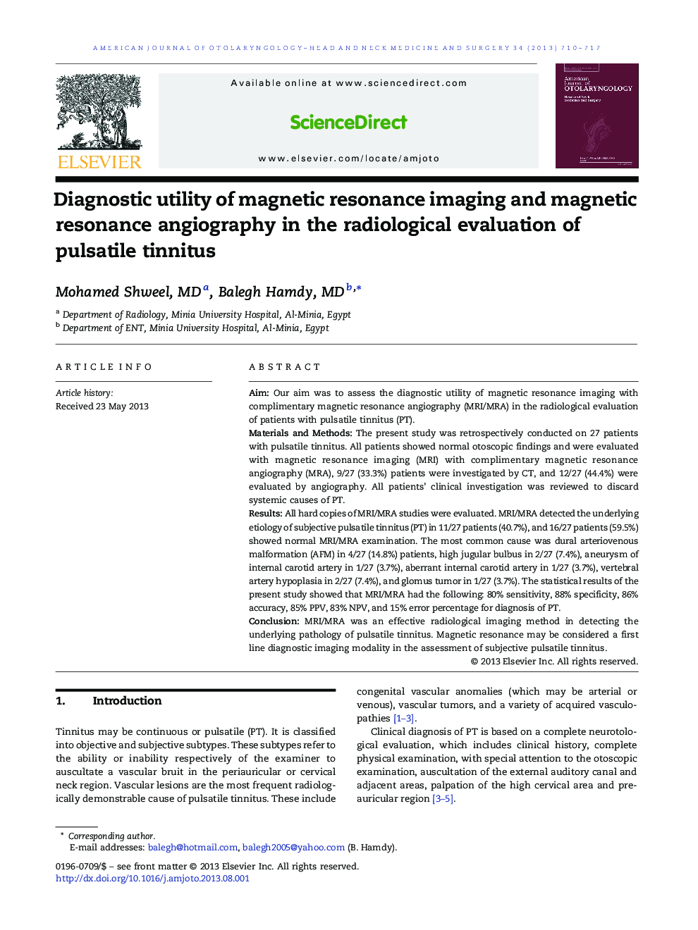 Diagnostic utility of magnetic resonance imaging and magnetic resonance angiography in the radiological evaluation of pulsatile tinnitus