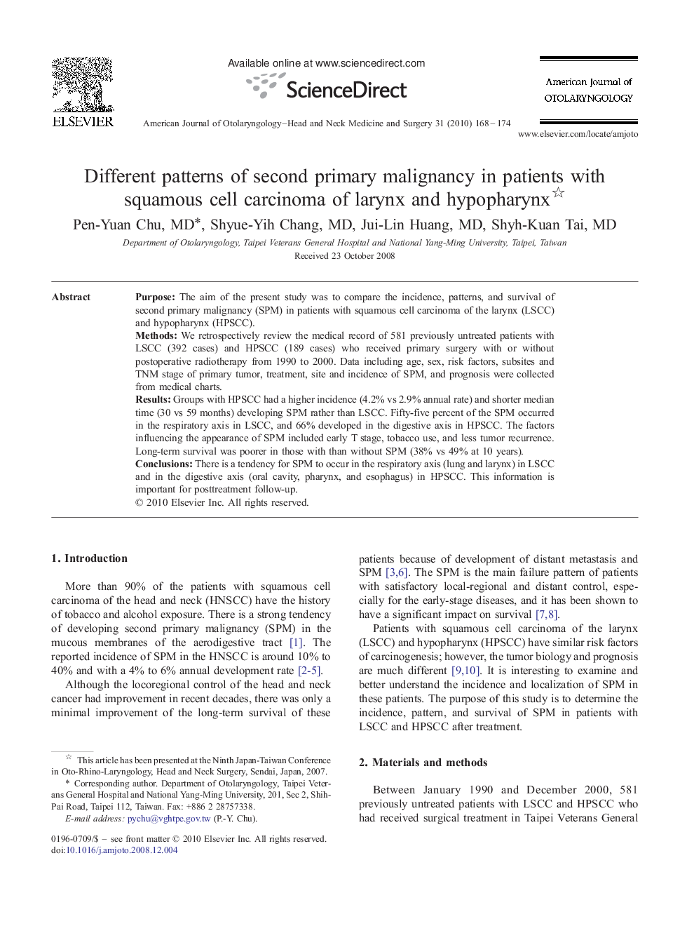 Different patterns of second primary malignancy in patients with squamous cell carcinoma of larynx and hypopharynx 