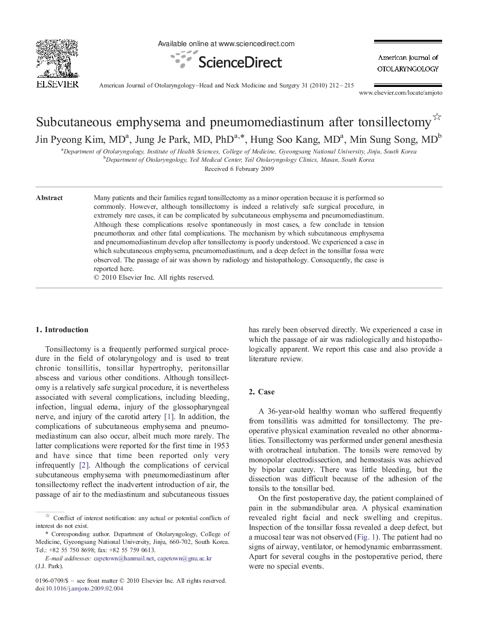 Subcutaneous emphysema and pneumomediastinum after tonsillectomy 