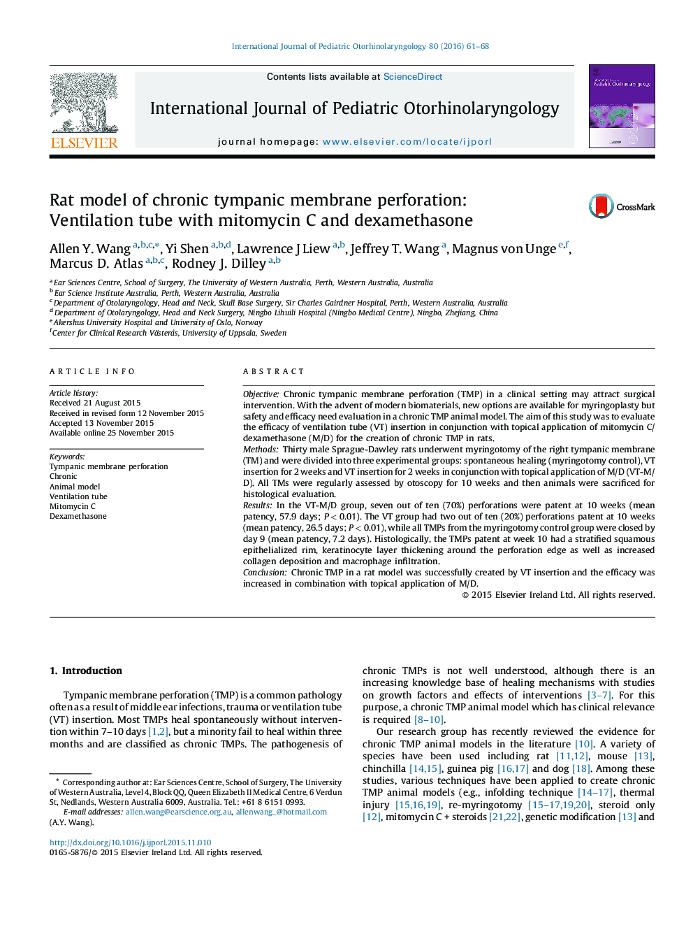 Rat model of chronic tympanic membrane perforation: Ventilation tube with mitomycin C and dexamethasone