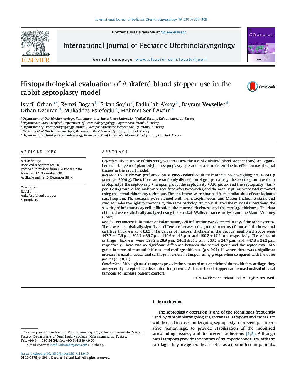 Histopathological evaluation of Ankaferd blood stopper use in the rabbit septoplasty model