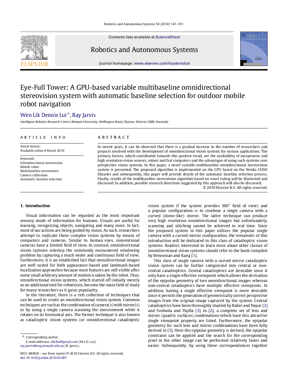 Eye-Full Tower: A GPU-based variable multibaseline omnidirectional stereovision system with automatic baseline selection for outdoor mobile robot navigation