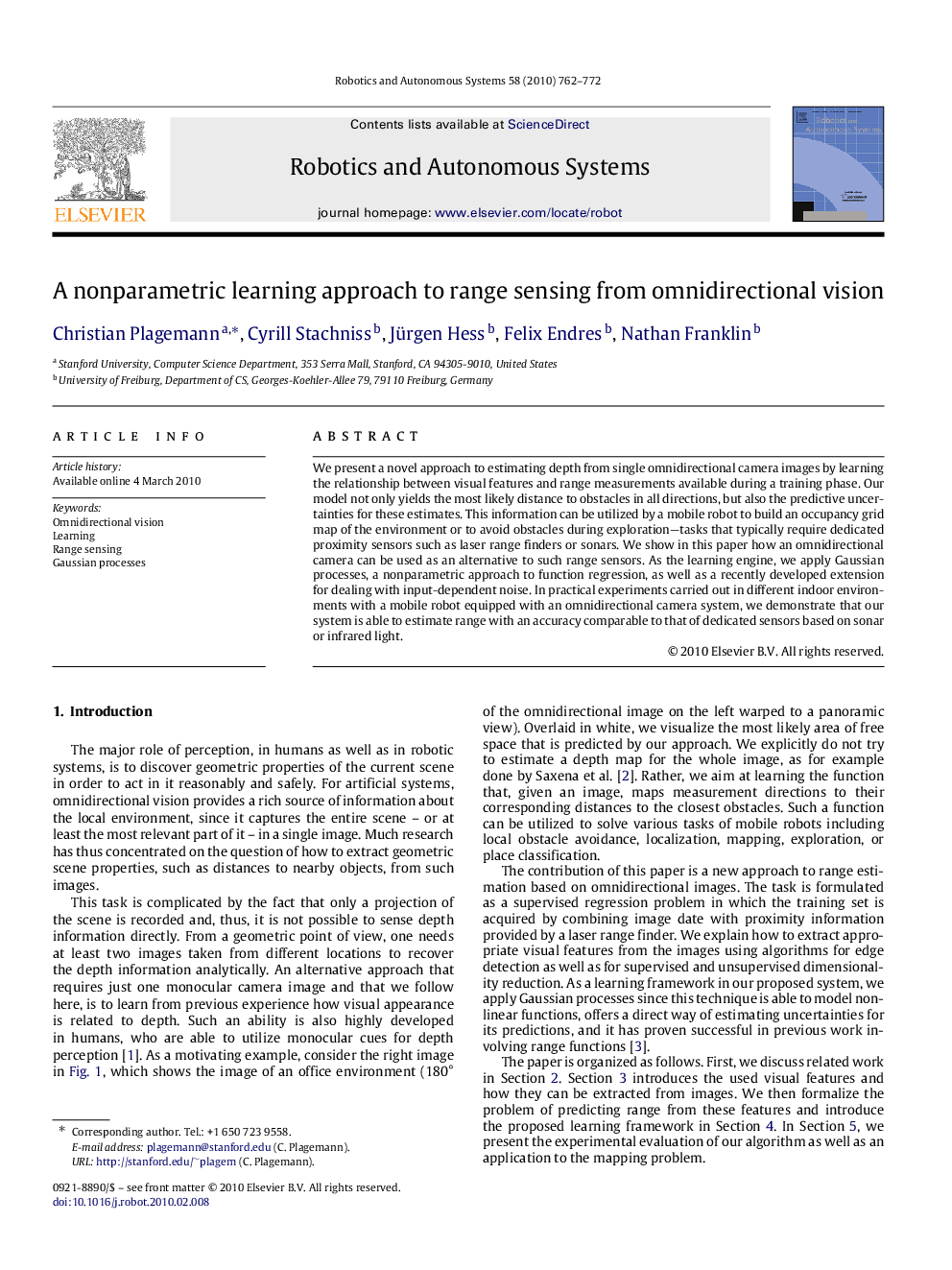 A nonparametric learning approach to range sensing from omnidirectional vision