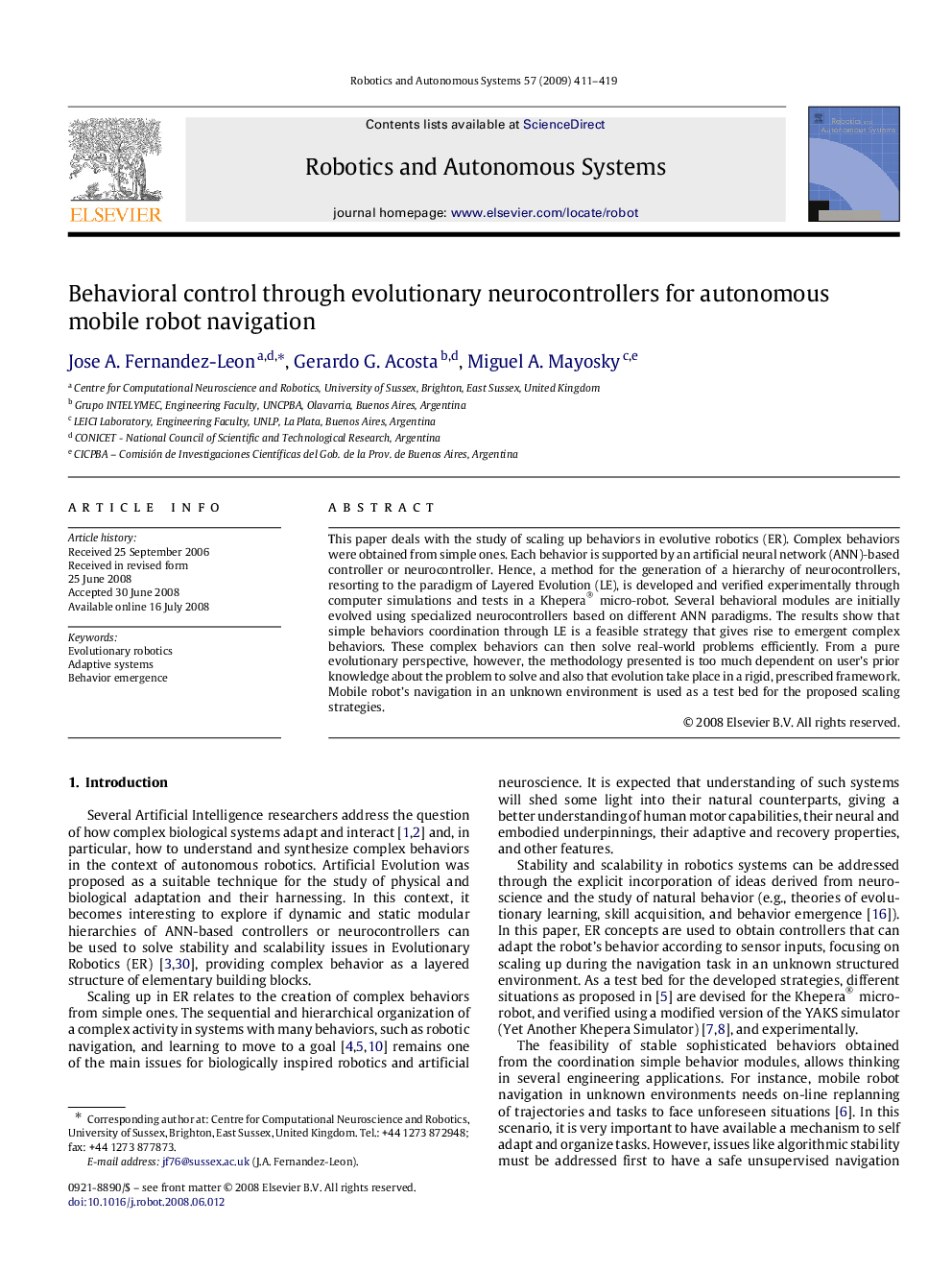 Behavioral control through evolutionary neurocontrollers for autonomous mobile robot navigation