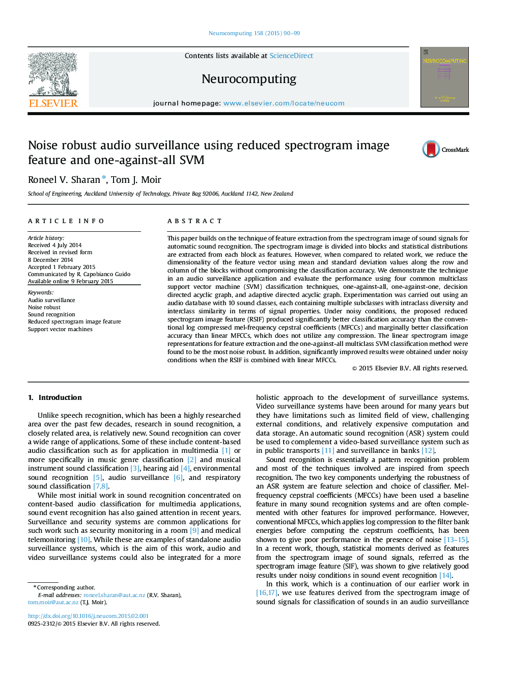 Noise robust audio surveillance using reduced spectrogram image feature and one-against-all SVM