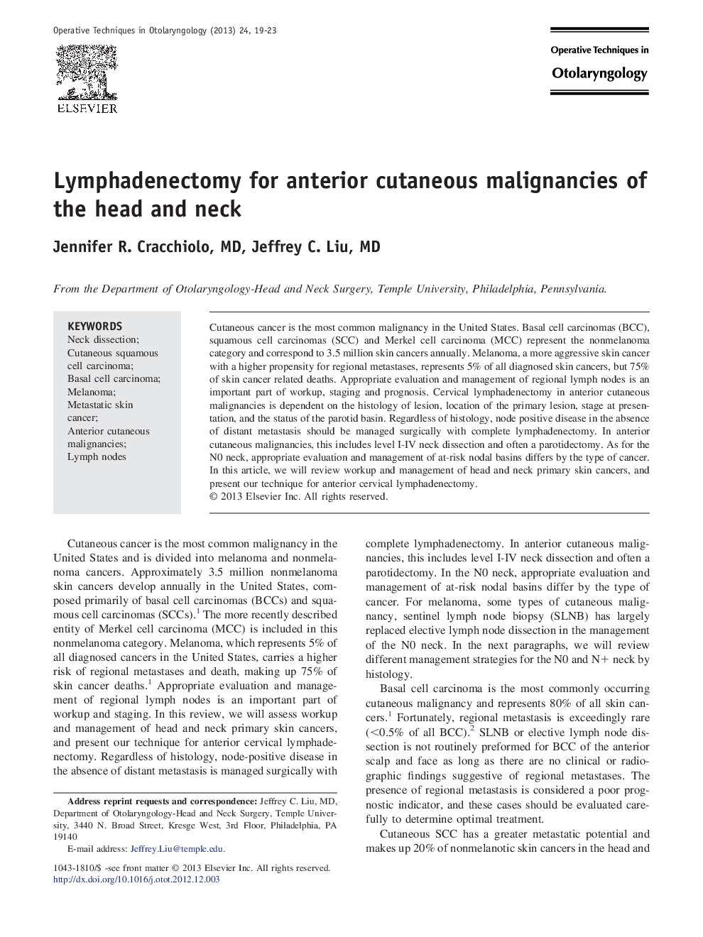 Lymphadenectomy for anterior cutaneous malignancies of the head and neck
