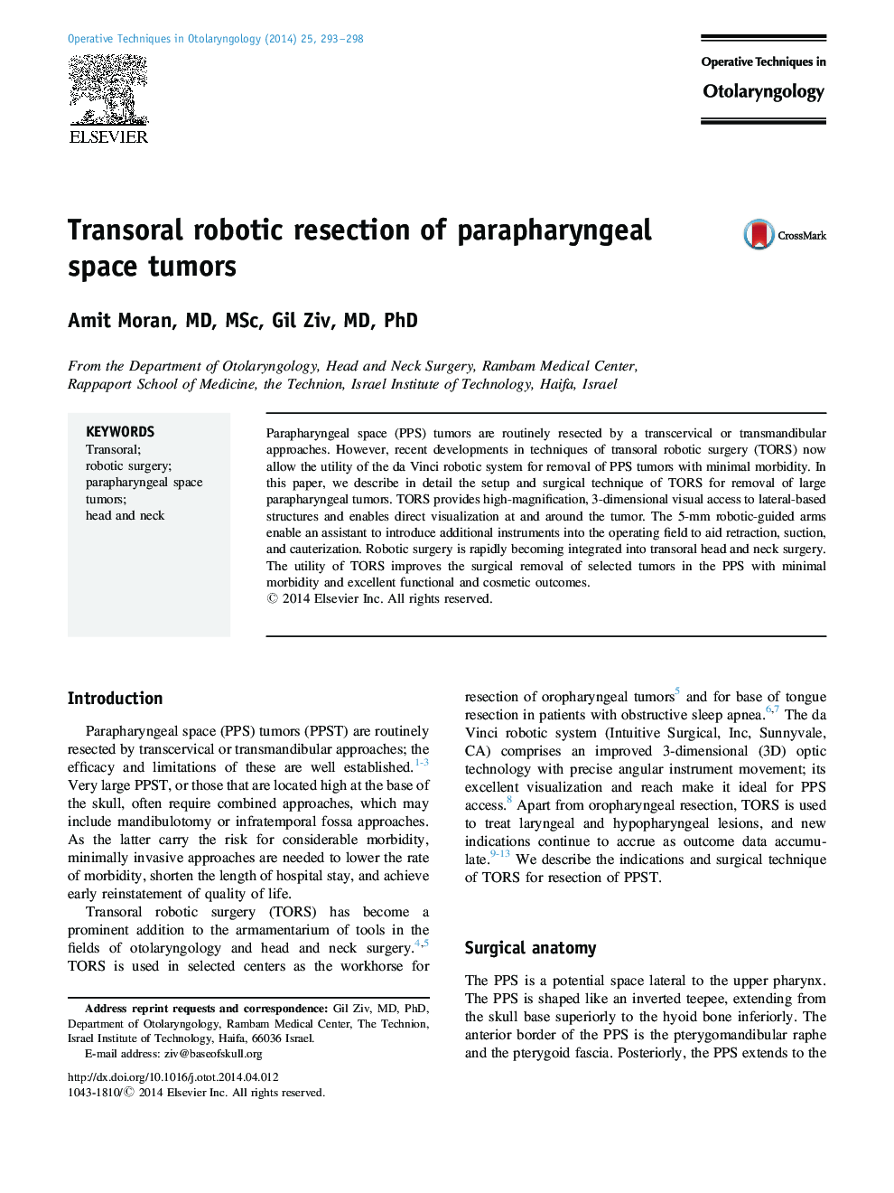 Transoral robotic resection of parapharyngeal space tumors