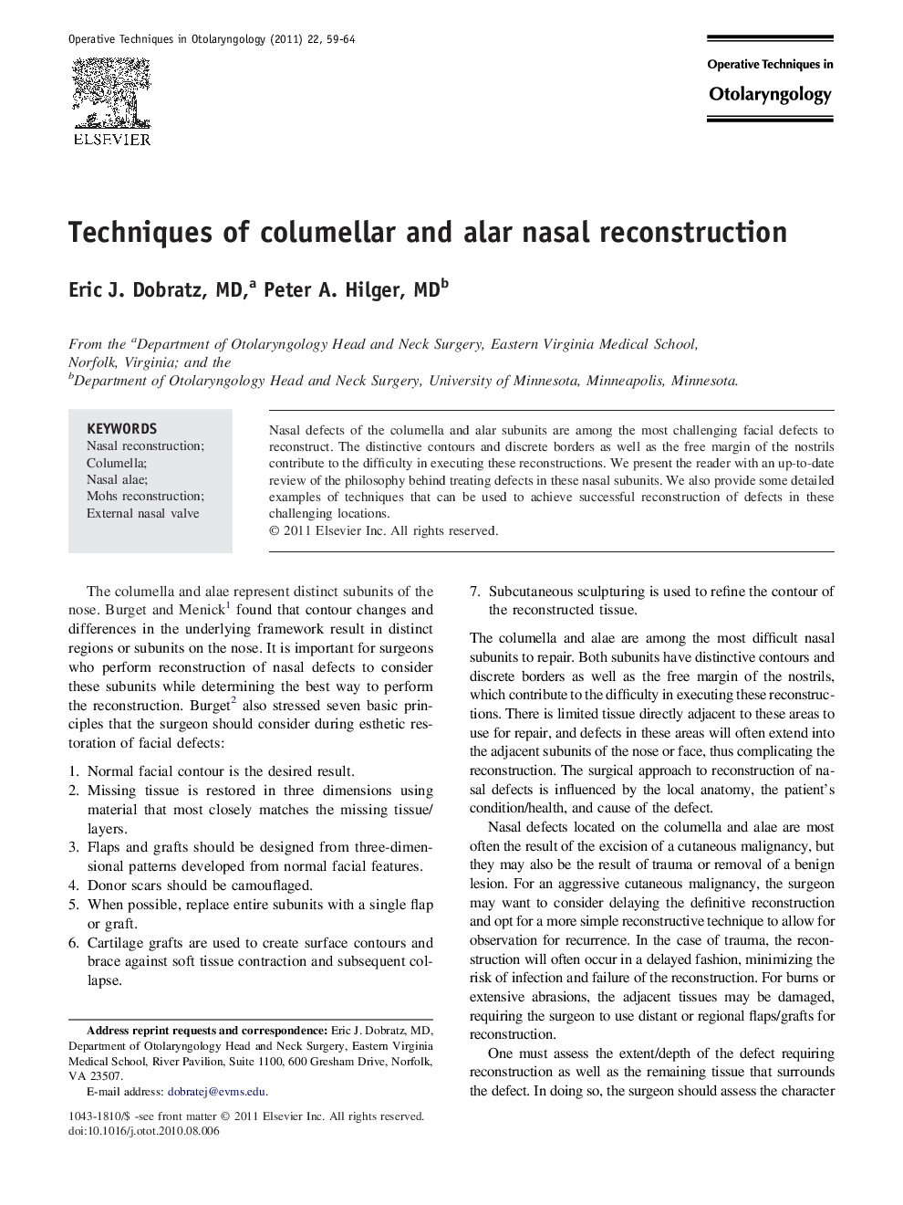 Techniques of columellar and alar nasal reconstruction