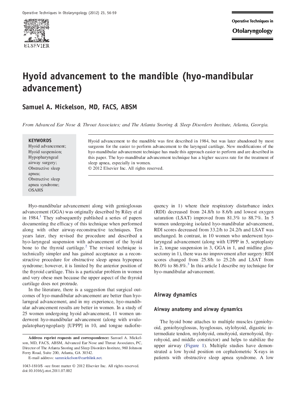 Hyoid advancement to the mandible (hyo-mandibular advancement)