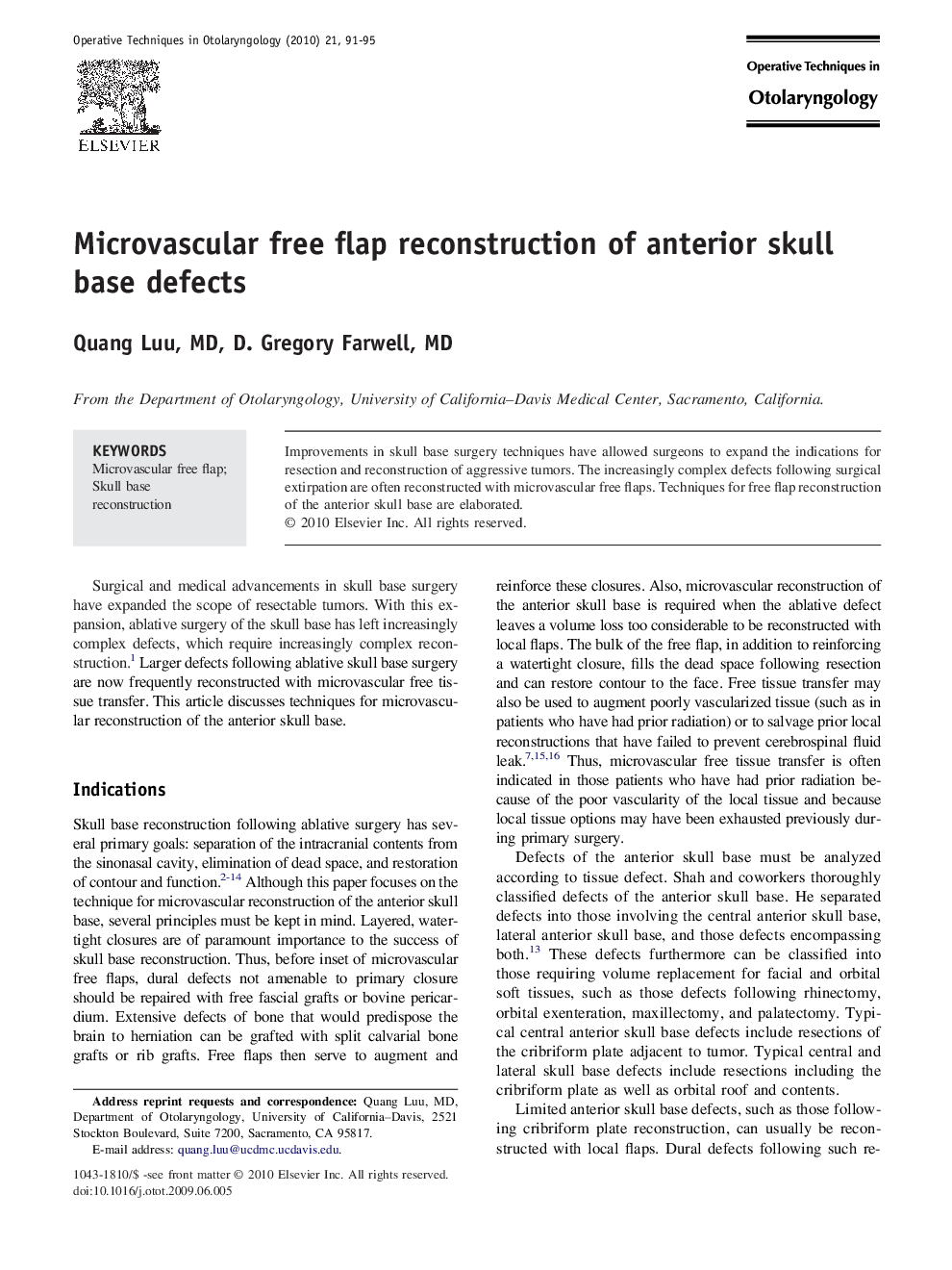 Microvascular free flap reconstruction of anterior skull base defects