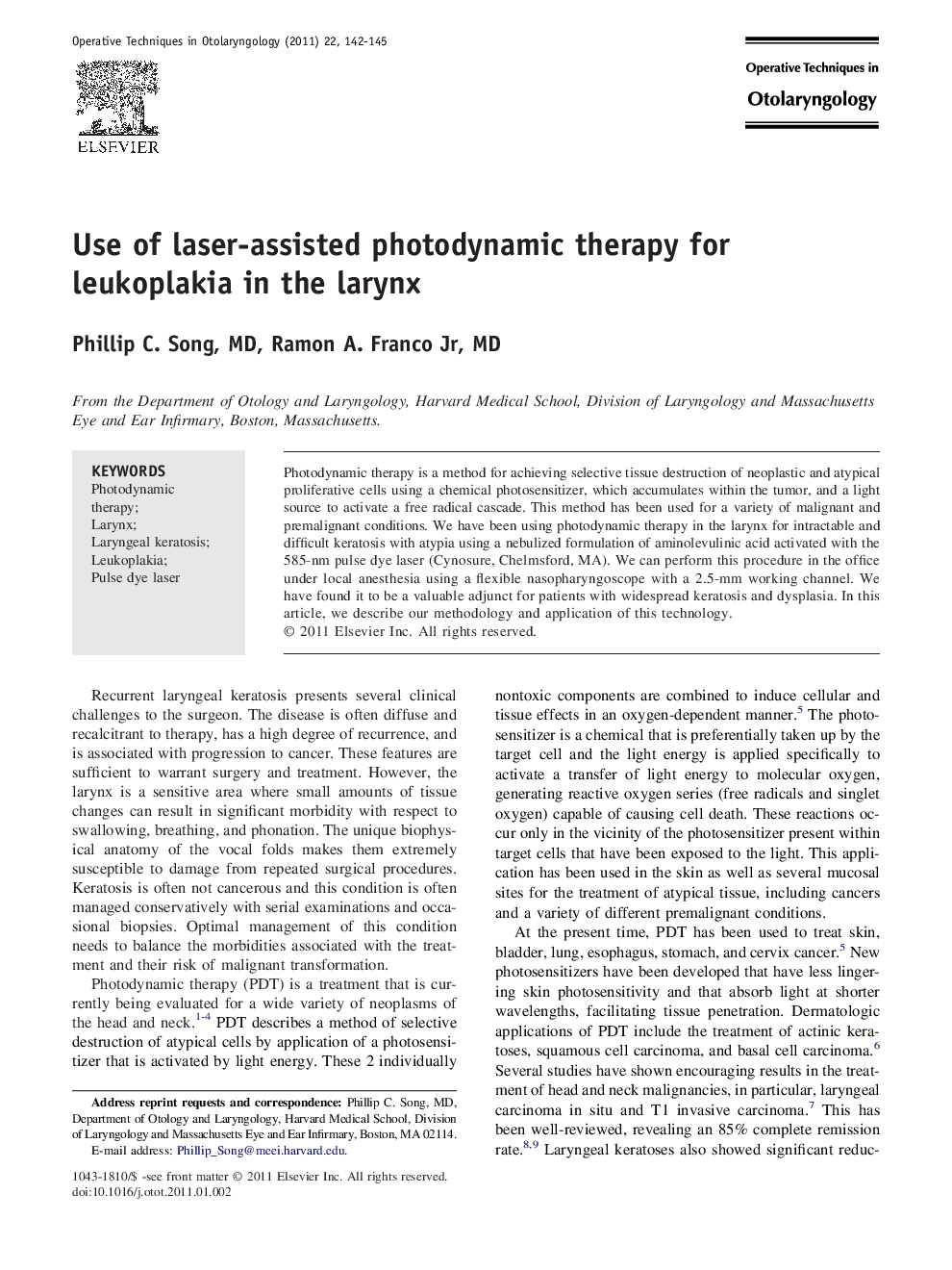 Use of laser-assisted photodynamic therapy for leukoplakia in the larynx