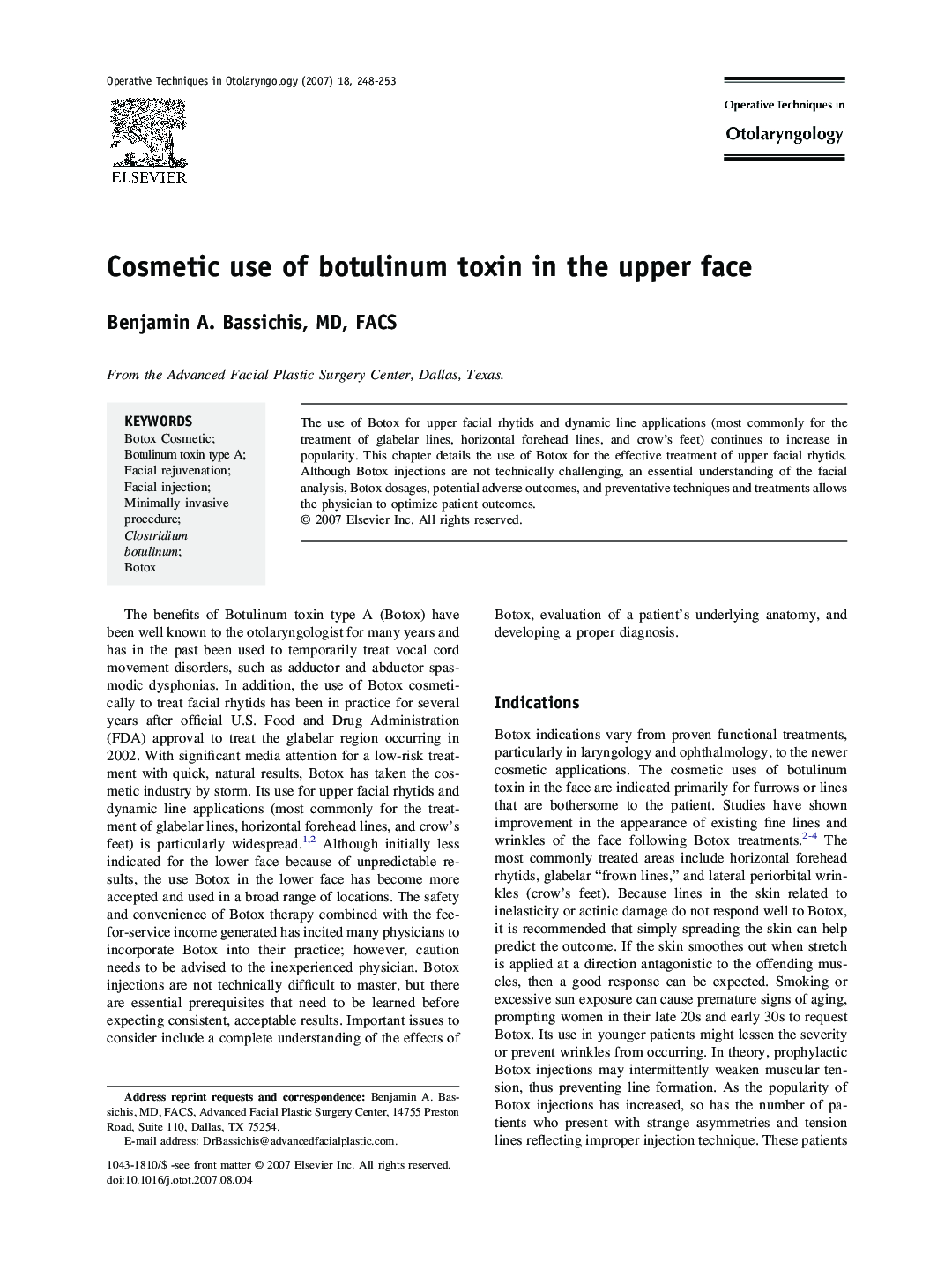 Cosmetic use of botulinum toxin in the upper face
