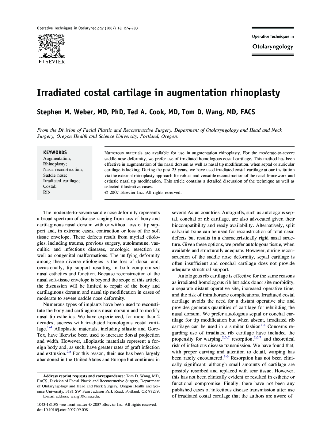 Irradiated costal cartilage in augmentation rhinoplasty