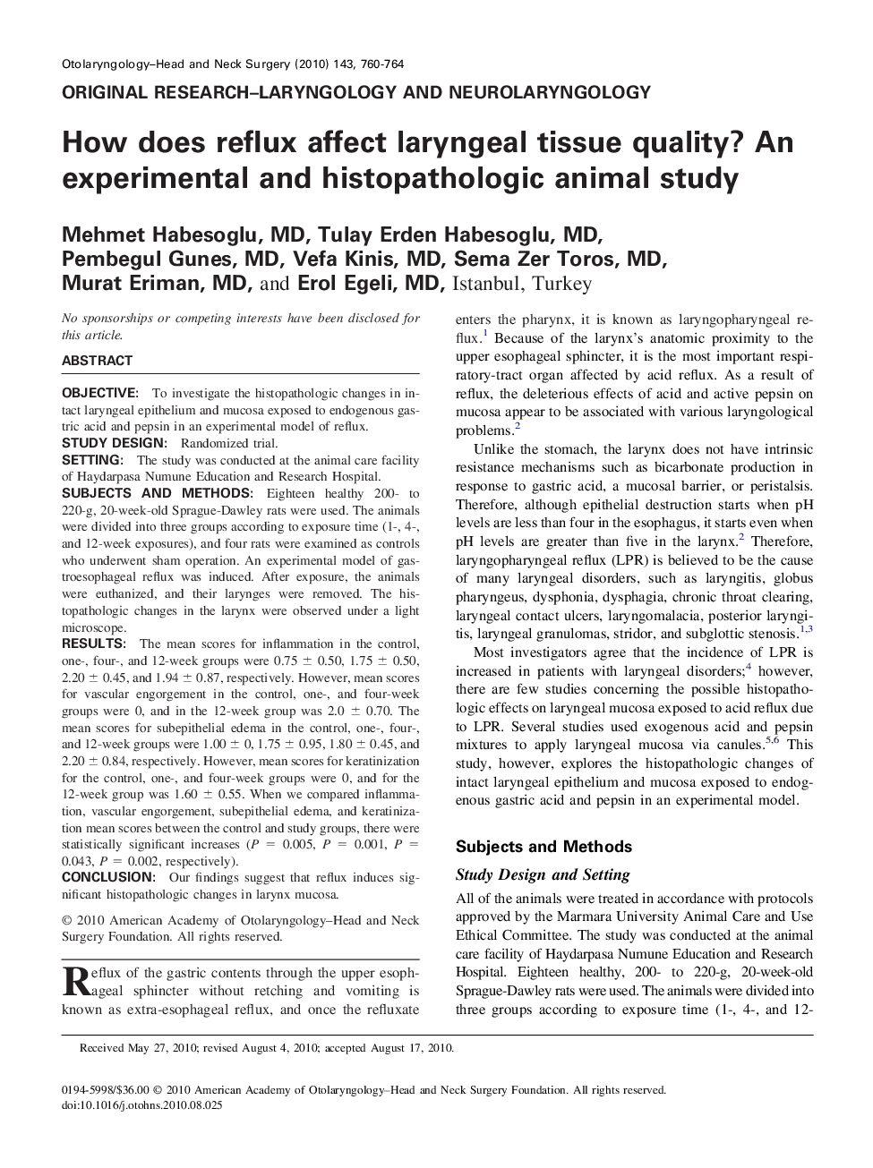 How does reflux affect laryngeal tissue quality? An experimental and histopathologic animal study