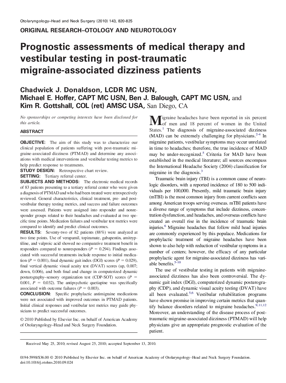 Prognostic assessments of medical therapy and vestibular testing in post-traumatic migraine-associated dizziness patients 