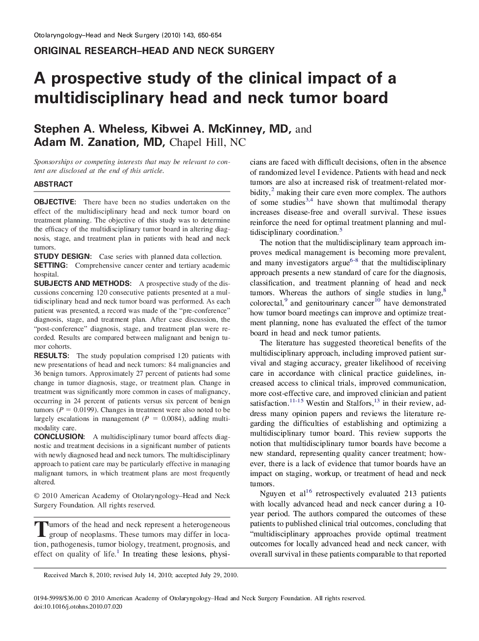 A prospective study of the clinical impact of a multidisciplinary head and neck tumor board