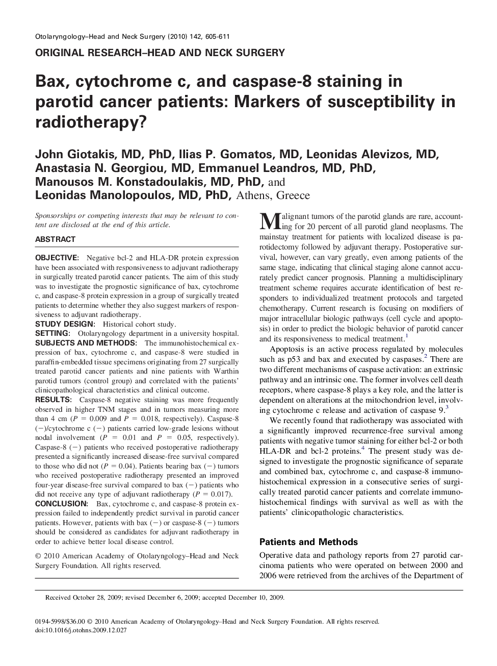 Bax, cytochrome c, and caspase-8 staining in parotid cancer patients: Markers of susceptibility in radiotherapy?