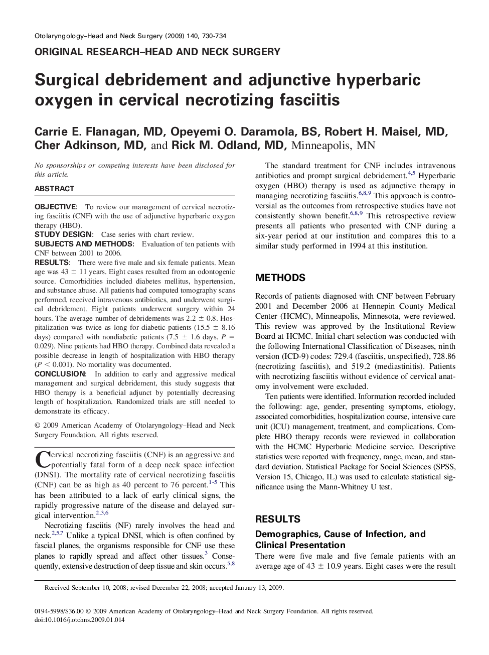 Surgical debridement and adjunctive hyperbaric oxygen in cervical necrotizing fasciitis
