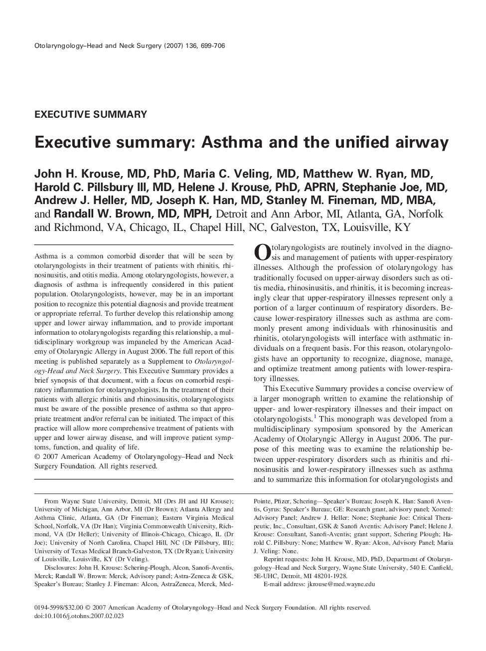Executive summary: Asthma and the unified airway