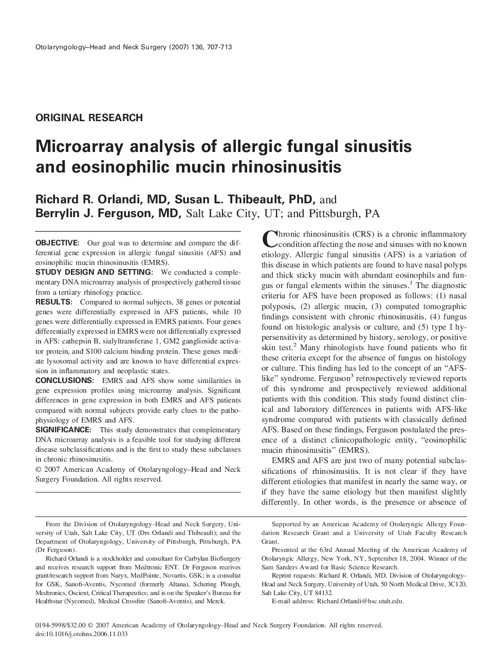 Microarray analysis of allergic fungal sinusitis and eosinophilic mucin rhinosinusitis