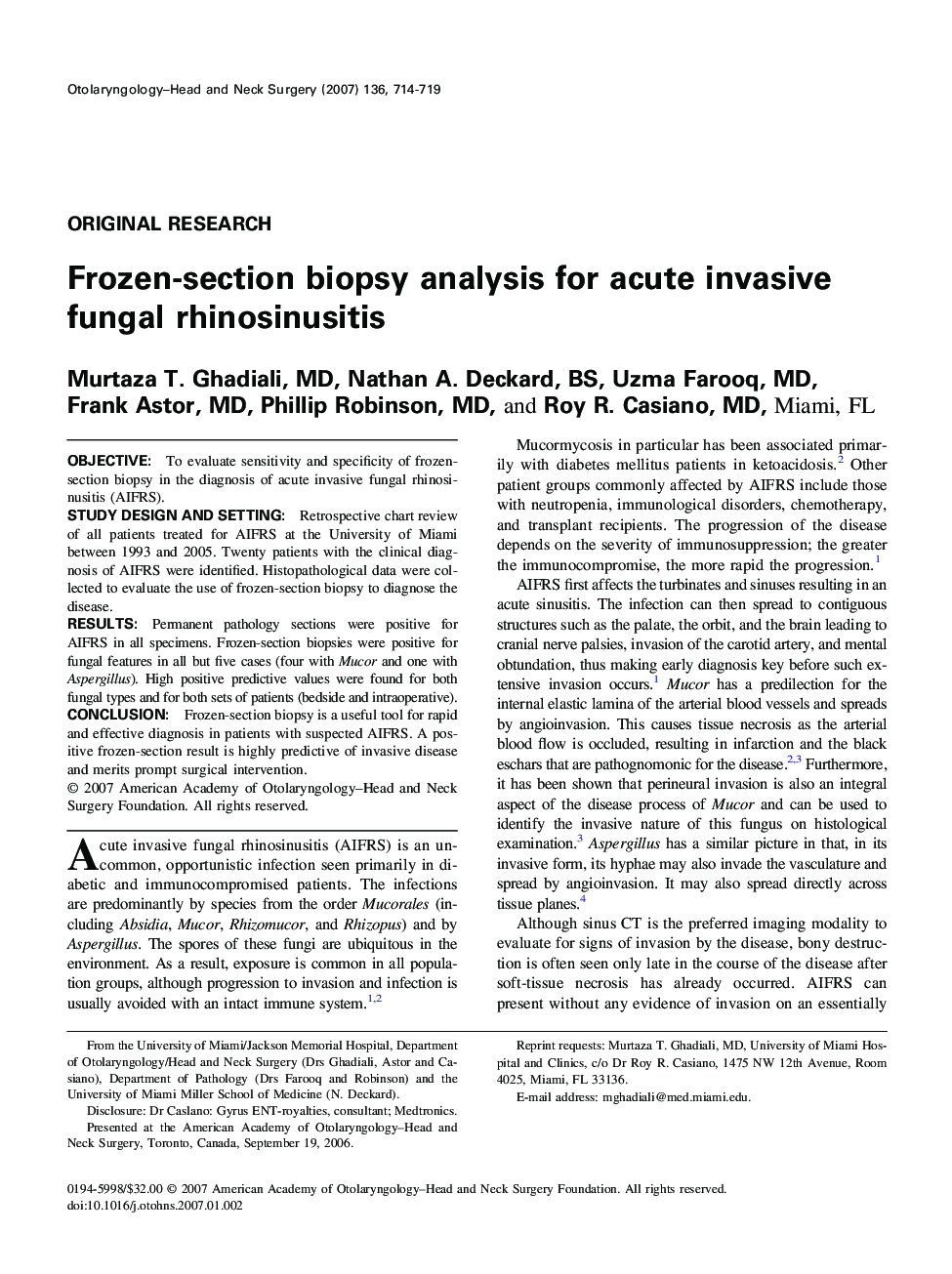 Frozen-section biopsy analysis for acute invasive fungal rhinosinusitis