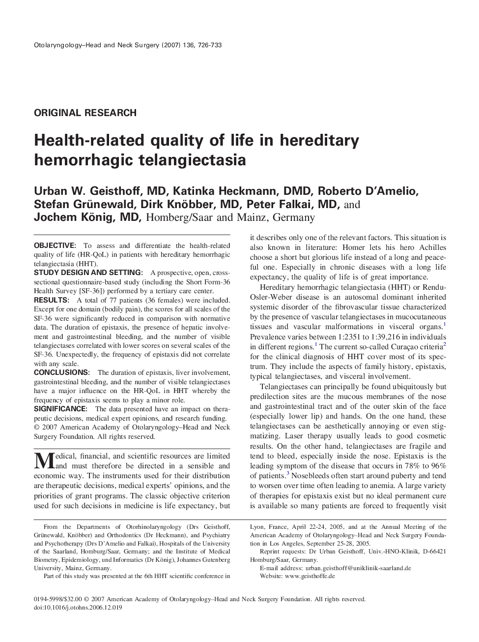 Health-related quality of life in hereditary hemorrhagic telangiectasia