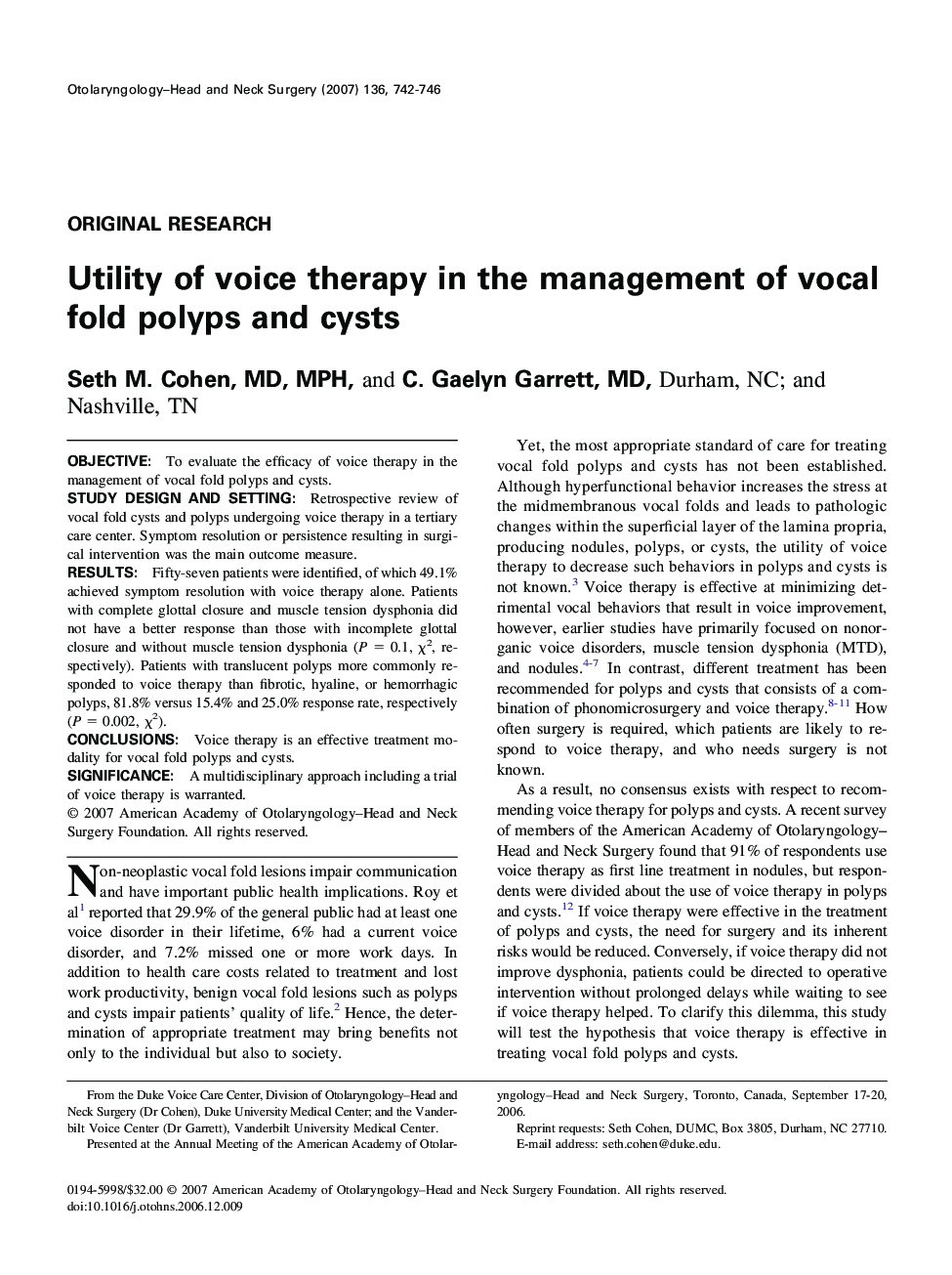 Utility of voice therapy in the management of vocal fold polyps and cysts