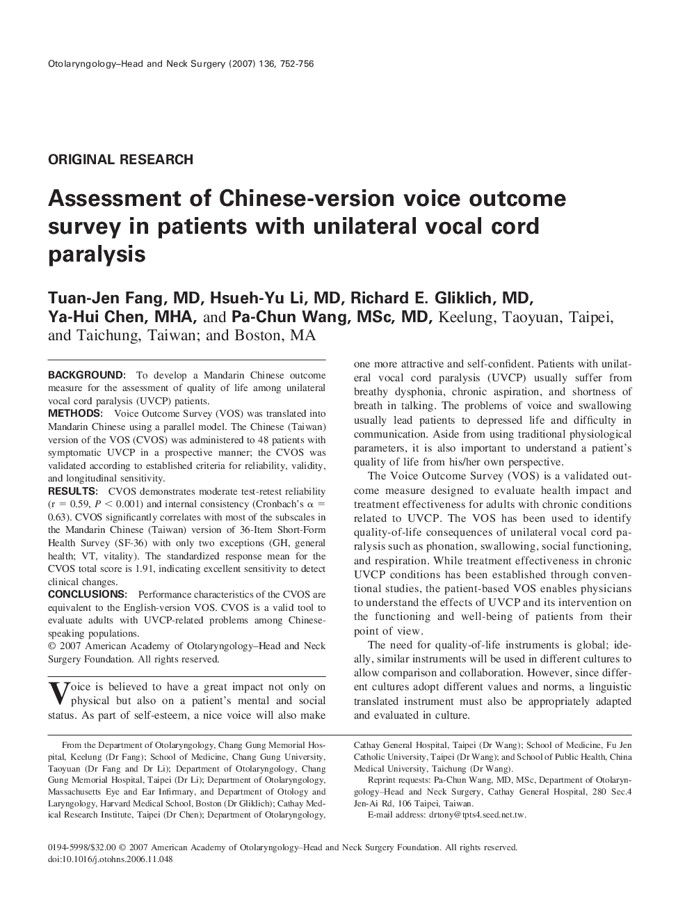 Assessment of Chinese-version voice outcome survey in patients with unilateral vocal cord paralysis