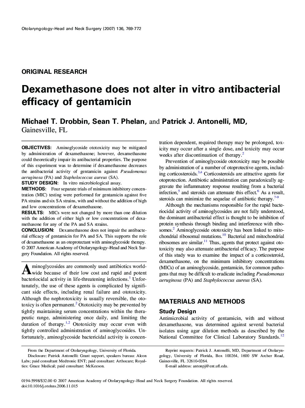 Dexamethasone does not alter in vitro antibacterial efficacy of gentamicin