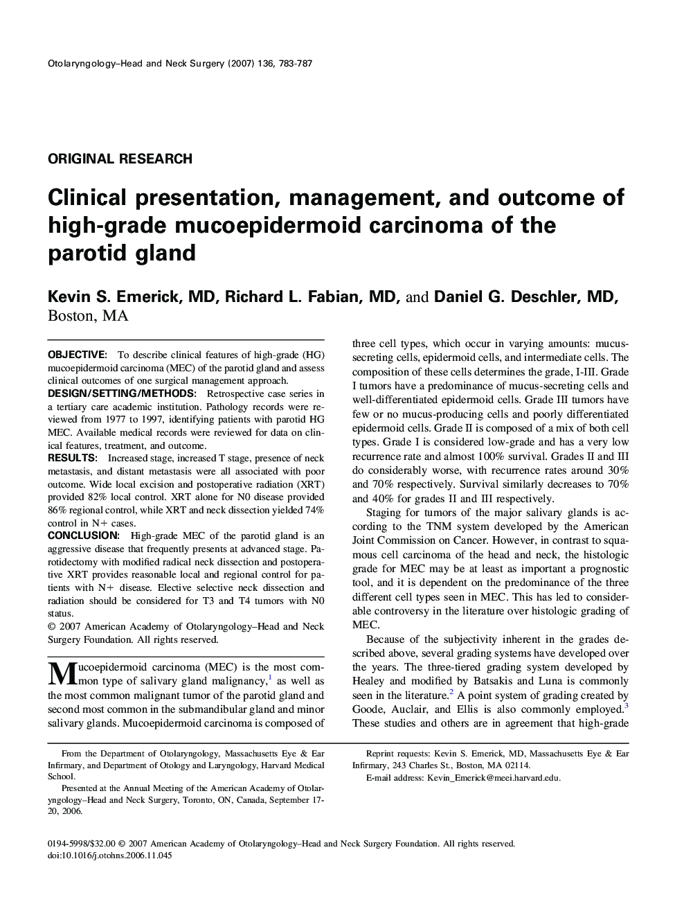 Clinical presentation, management, and outcome of high-grade mucoepidermoid carcinoma of the parotid gland