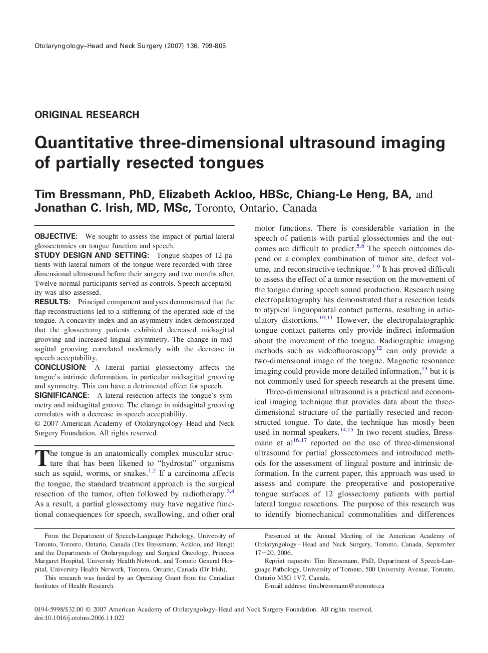 Quantitative three-dimensional ultrasound imaging of partially resected tongues