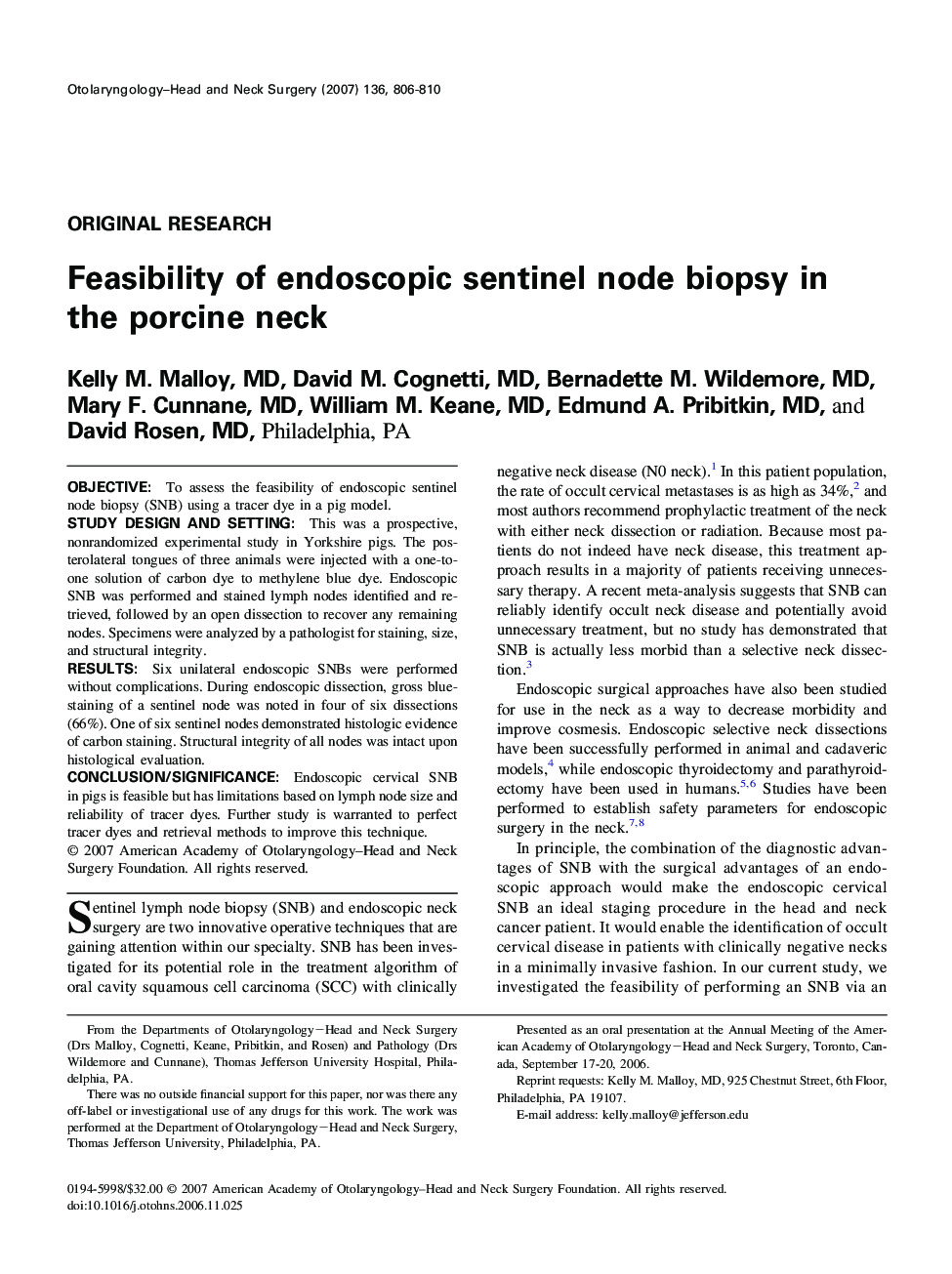 Feasibility of endoscopic sentinel node biopsy in the porcine neck