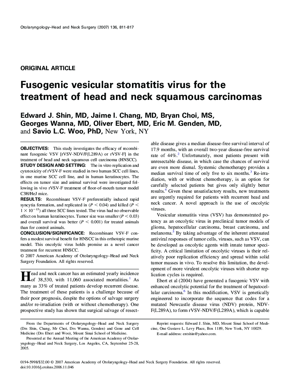 Fusogenic vesicular stomatitis virus for the treatment of head and neck squamous carcinomas