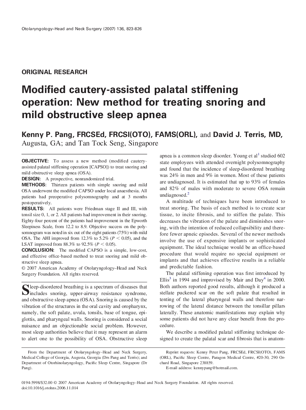 Modified cautery-assisted palatal stiffening operation: New method for treating snoring and mild obstructive sleep apnea