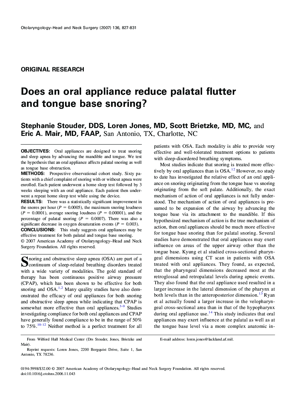 Does an oral appliance reduce palatal flutter and tongue base snoring?