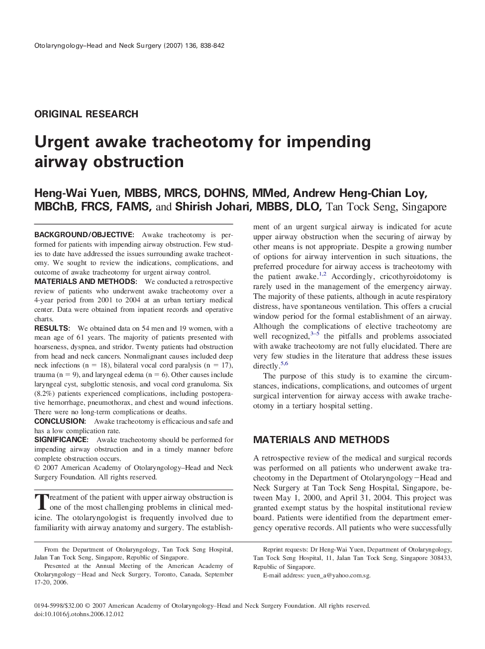 Urgent awake tracheotomy for impending airway obstruction