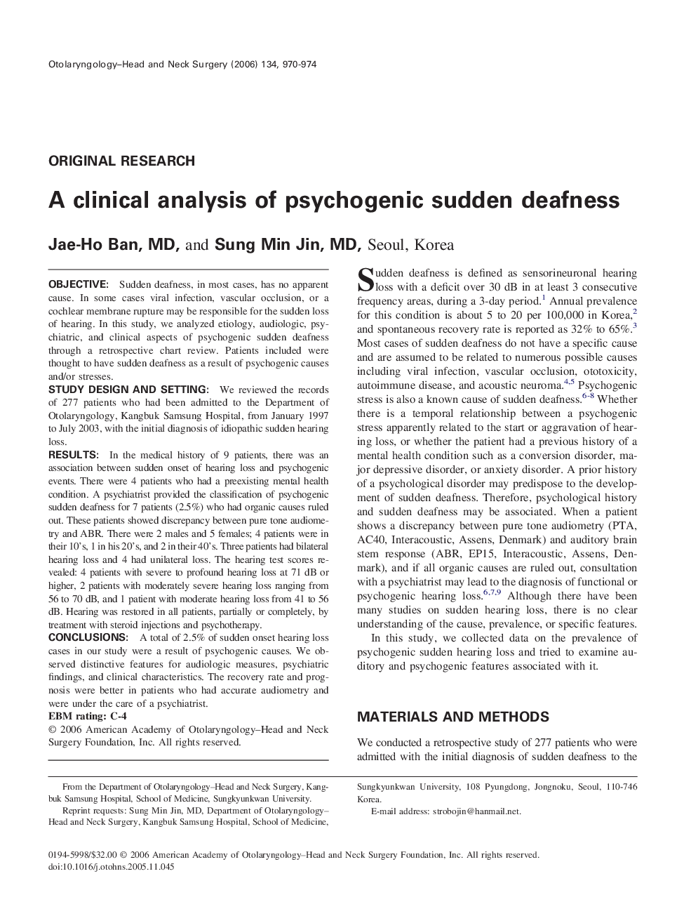 A clinical analysis of psychogenic sudden deafness