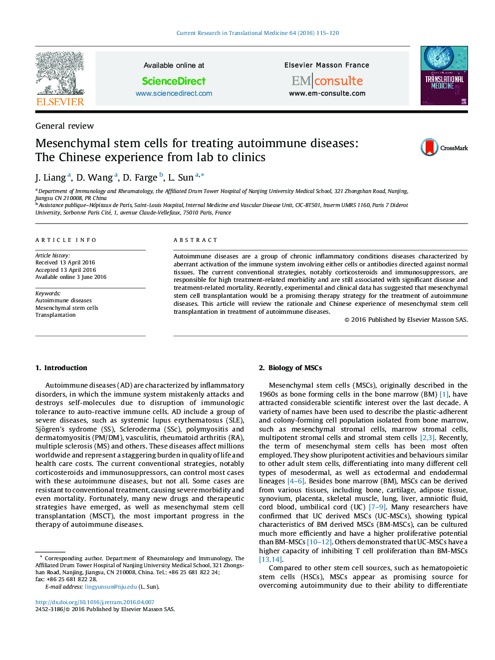 Mesenchymal stem cells for treating autoimmune diseases: The Chinese experience from lab to clinics