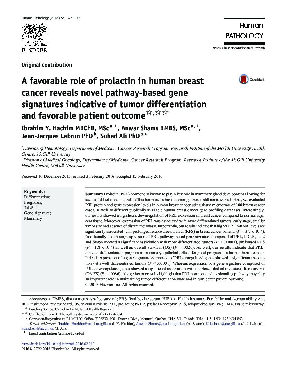 نقش مطلوب پرولاکتین در سرطان سینه انسان نشان دهنده امضای ژن مبتنی بر جدید مبتنی بر تمایز تومور و نتیجه مطلوب بیمار است 