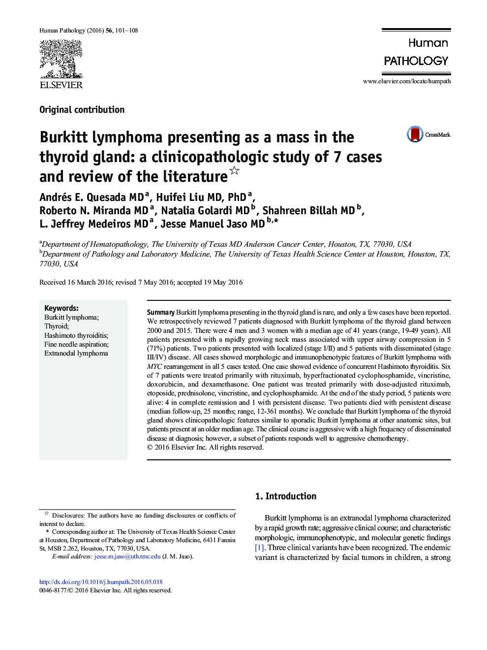 Burkitt lymphoma presenting as a mass in the thyroid gland: a clinicopathologic study of 7 cases and review of the literature 