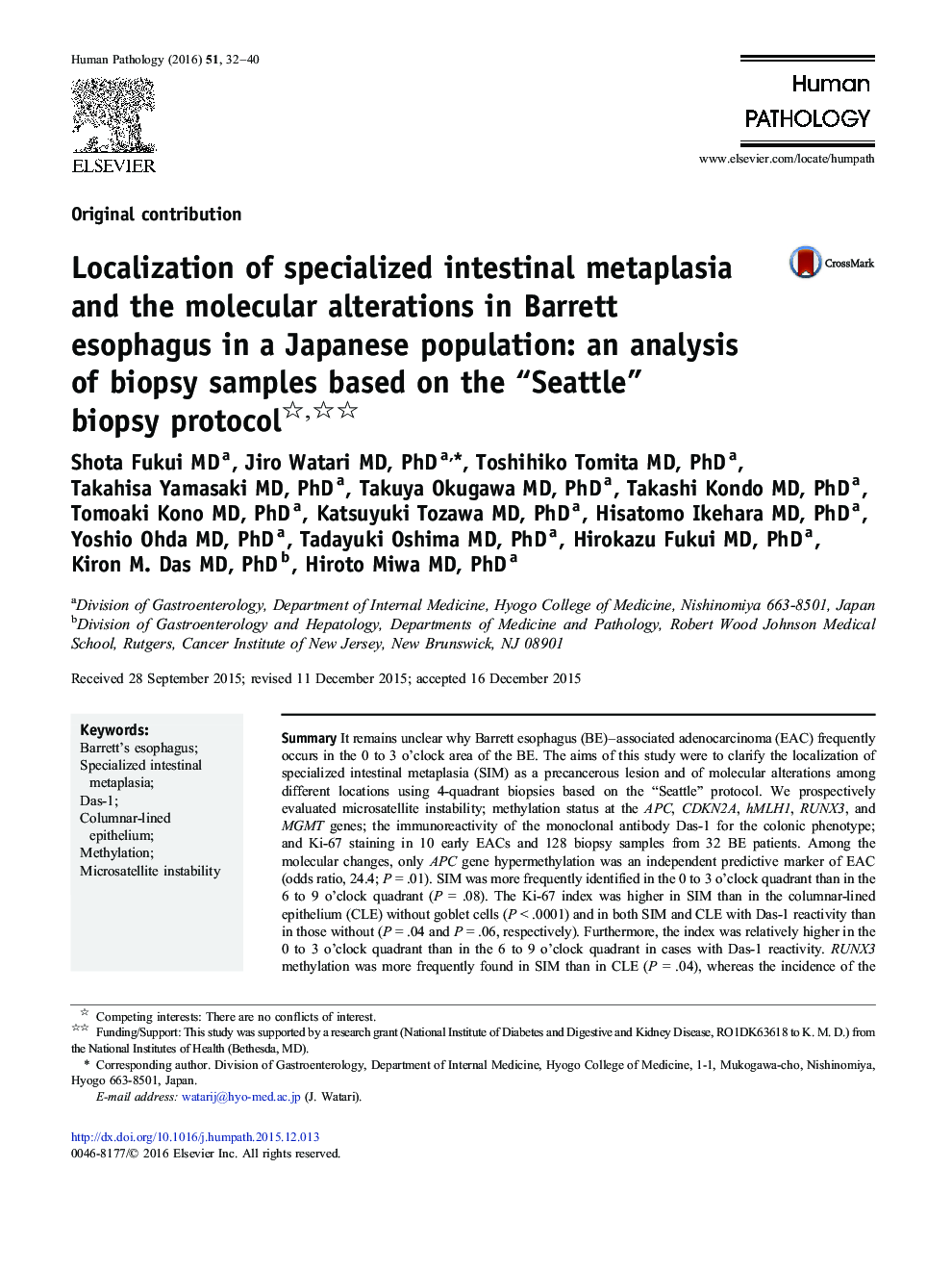 Localization of specialized intestinal metaplasia and the molecular alterations in Barrett esophagus in a Japanese population: an analysis of biopsy samples based on the “Seattle” biopsy protocol 